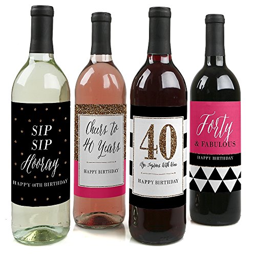 Product Cover Chic 40th Birthday - Pink, Black and Gold - Birthday Gift For Women - Wine Bottle Label Stickers - Set of 4