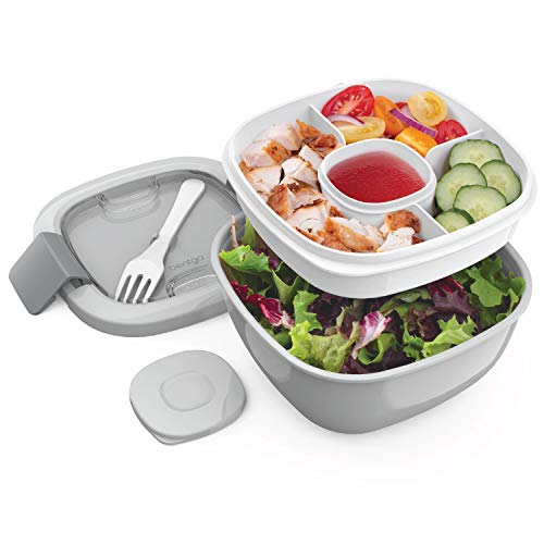 Product Cover Bentgo Salad BPA-Free Lunch Container with Large 54-oz Salad Bowl, 3-Compartment Bento-Style Tray for Salad Toppings and Snacks, 3-oz Sauce Container for Dressings, and Built-In Reusable Fork (Gray)
