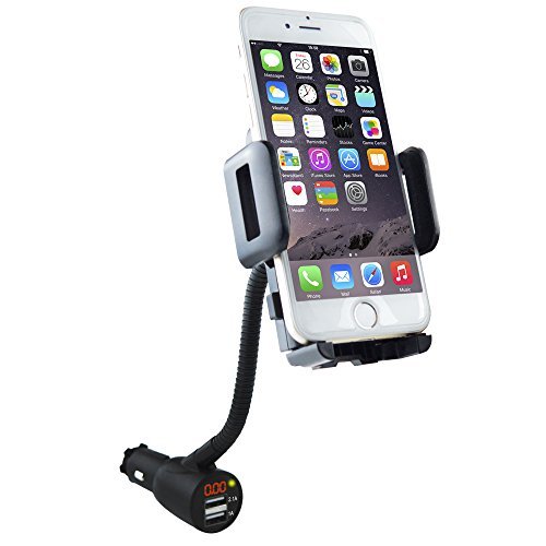 Product Cover 3-In-1 Car Mount + Car Charger + Voltage Detector, SOAIY® Car Mount Holder Cradle with Dual USB Port 2.1A Charger and LED Screen Display Voltage and Current for iPhone 6s 6 plus 5s Samsung S6 S5