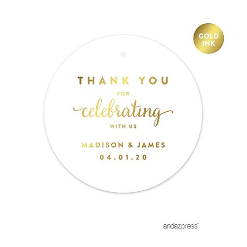 Product Cover Andaz Press Personalized Round Circle Wedding Gift Tags, Metallic Gold Ink, Thank You for Celebrating with US, 24-Pack, Custom Made Any Name, Baby Bridal Shower, Baptism, Graduation, Business