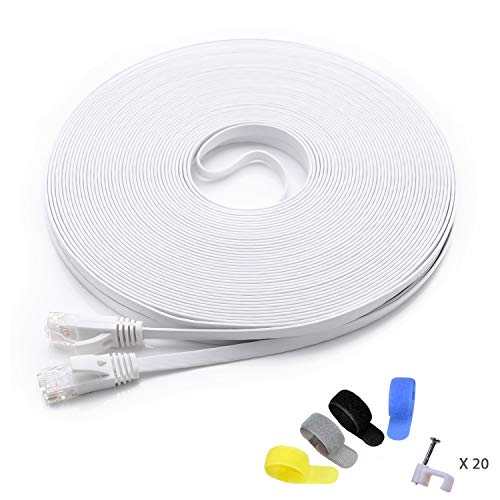 Product Cover Cat 6 Ethernet Cable 100 ft (At a Cat5e Price but Higher Bandwidth) Flat Internet Network Cables - Cat6 Ethernet Patch Cable Short - Computer Lan Cable White + Free Cable Clips and Straps