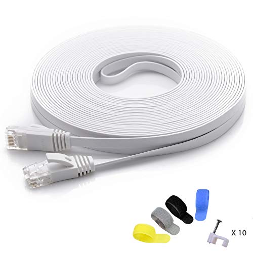 Product Cover Cat 6 Ethernet Cable 50 ft (at a Cat5e Price but Higher Bandwidth) Flat Internet Network Cable - Cat6 Ethernet Patch Cable Short - White Computer LAN Cable + Free Cable Clips and Straps