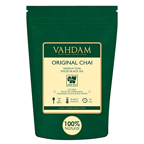 Product Cover VAHDAM, India's Original Masala Chai Tea Loose Leaf (200+ Cups) | 100% NATURAL INGREDIENTS | Black Tea, Cinnamon, Cardamom, Cloves & Black Pepper | Brews Chai Latte | Indian House Recipe | 16oz Bag