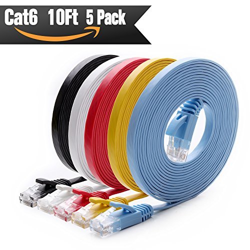 Product Cover Cat 6 Ethernet Cable 10ft (At a Cat5e Price but Higher Bandwidth) Flat Internet Network Cable - Cat6 Ethernet Patch Cable Short - Cat6 Computer Cable With Snagless RJ45 Connectors ( 5 PACK )