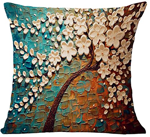 Product Cover ChezMax Flat Printed 3D Oil Painting Effect Home Decorative Cotton Linen Throw Pillow Cover Cushion Case Square Pillowslip for Sofa Beige Flowers 18 X 18''