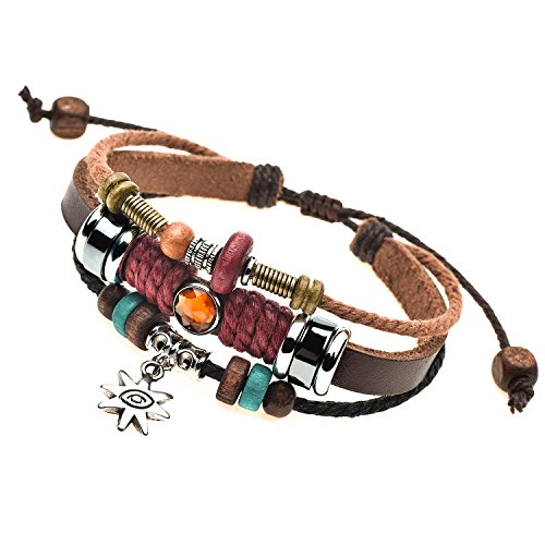 Product Cover Celokiy Charm Silvery Flower Pendant Brown Braided Rope Leather Bracelet