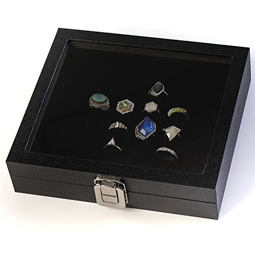 Product Cover Huji Glass Top Ring Display Showcase with Velvet Insert Liner Jewelry Organizer (1, 36 Slot Case)