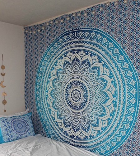 Product Cover Jaipur Handloom Turquoise Blue Tapestry Ombre Tapestry Hippie Mandala Bedding Tapestry Wall Hanging Psychedelic Tapestry Dorm Decor Bohemian Tapestry, Boho Tapestries, Mandala Throw Bedspread