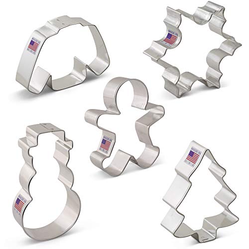 Product Cover Ann Clark Cookie Cutters 5-Piece Winter Christmas Cookie Cutter Set with Recipe Booklet, Snowflake, Wool Sweater, Snowman, Gingerbread Boy, Snow Covered Tree