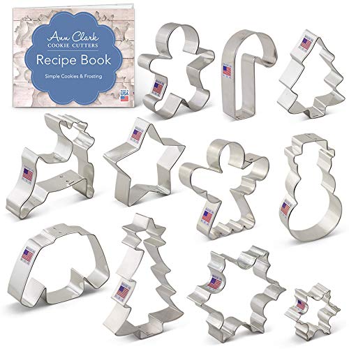 Product Cover Ann Clark Cookie Cutters 11-Piece Winter Christmas Cookie Cutter Set with Recipe Booklet, Snowflake, Sweater, Snowman, Gingerbread Boy, Christmas Tree, Reindeer and More