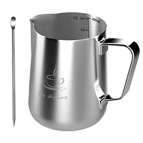 Product Cover Milk Frothing Pitcher - Milk Frother Pitcher 、Milk Pitcher 、Milk Steaming Pitcher 、Espresso Milk Frothing Pitcher. Stainless Steel Milk Frothing Pitcher With Latt Art Pen(14oz)