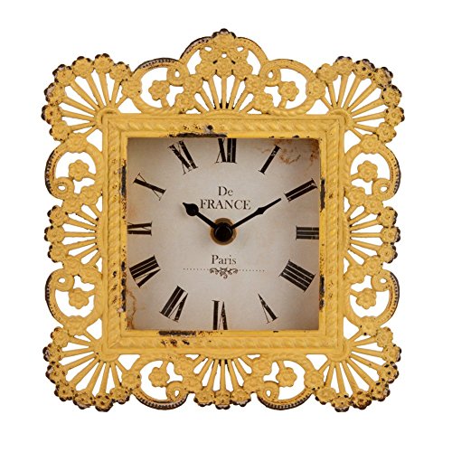Product Cover NIKKY HOME Shabby Chic Metal Peacock Feather Square Yellow Table Clock for Bedroom Home Decor,6 by 6.5-Inches, Yellow