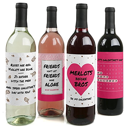 Product Cover Big Dot of Happiness Be My Galentine - Valentine's Day Gift for Women and Men - Wine Bottle Label Stickers - Set of 4