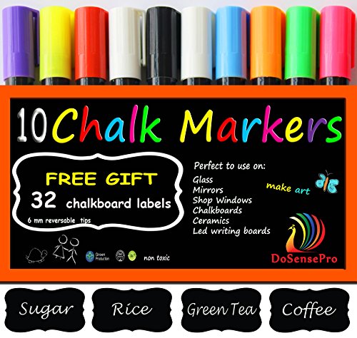 Product Cover Large Chalk Markers Neon colors - 10 Liquid Chalk Markers Including 2 White + 32 Chalkboard Labels, for Restaurants, Bistro, Office, Home, Art, Weddings Party Decorations by DoSensePro Get Yours Now