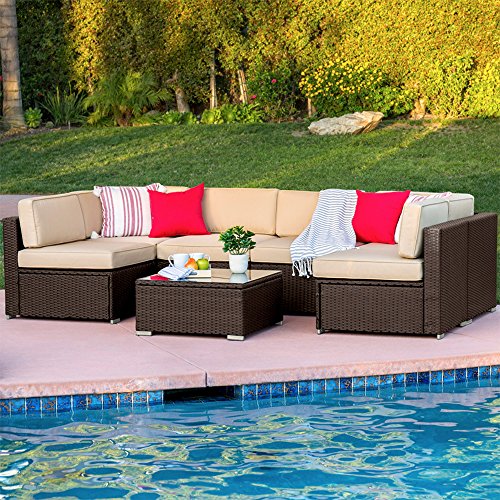 Product Cover Best Choice Products 7-Piece Modular Outdoor Sectional Wicker Patio Furniture Conversation Set w/Cover, Seat Clips, 6 Chairs, Coffee Table - Brown