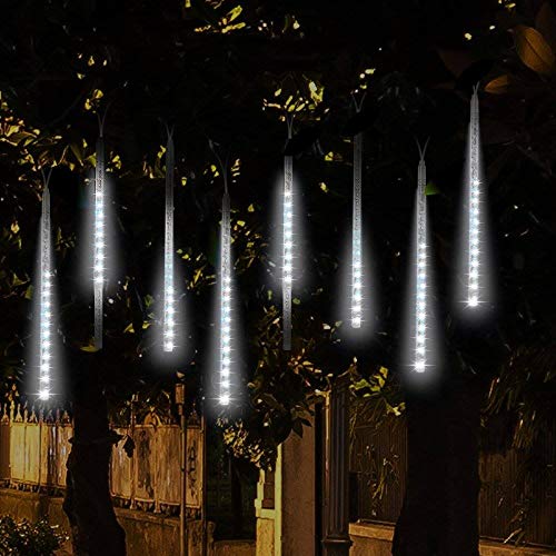 Product Cover Falling Rain Lights - Adecorty Meteor Shower Lights Christmas Lights 30cm 8 Tube 144 LEDs, Falling Rain Drop Icicle String Lights for Christmas Tree Halloween Decoration Holiday Party Wedding (White)