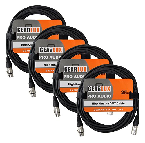 Product Cover Gearlux 25ft DMX Cable, 3-Pin XLR Male to Female DMX Cable, Black - 4 Pack
