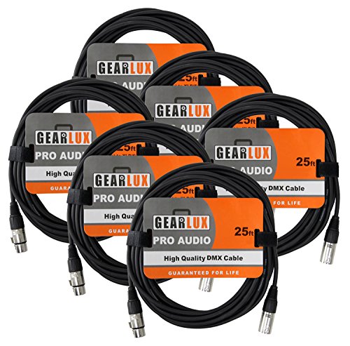 Product Cover Gearlux 25ft DMX Cable, 3-Pin XLR Male to Female DMX Cable, Black - 6 Pack
