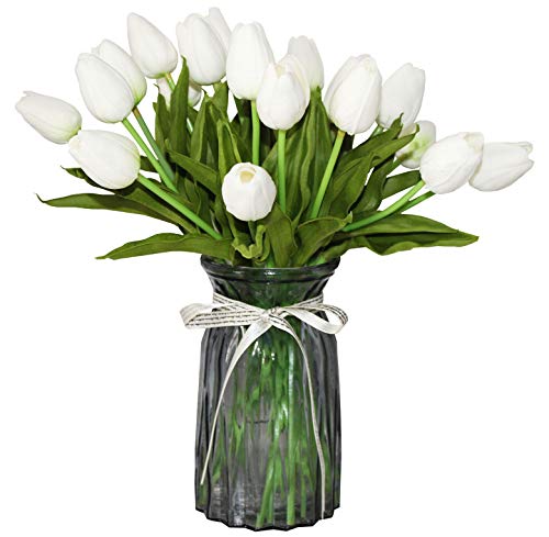 Product Cover ALIERSA Artificial Tulips 10 Heads Mini Real Touch Artificial Flowers Fake Tulip for Home Decor Wedding Party DIY Bouquet Flowers (White)