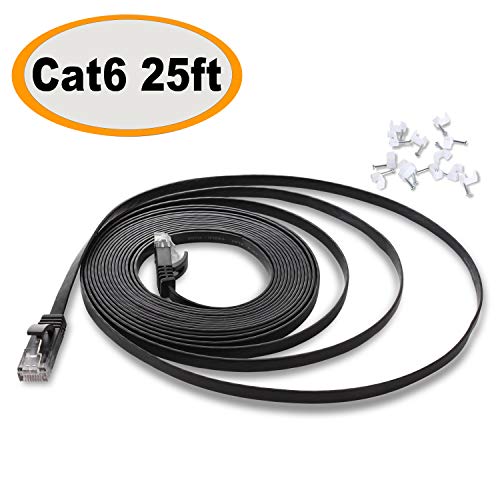 Product Cover Cat 6 Ethernet Cable 25 ft Flat, Durable Internet Network Lan Patch Cord, Sturdy Cat6 High Speed Computer RJ45 Wire for Router, Modem, PS Xbox, Gaming, Switch, TV, Video- Faster Than Cat5e/Cat5, Black