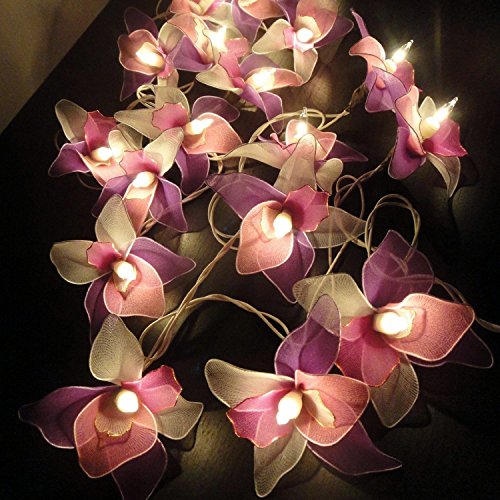 Product Cover Thai Vintage Handmade 25 lights White Pink Purple Orchid Flower Fairy String Lights Wedding Party Decor Long 15 feet.