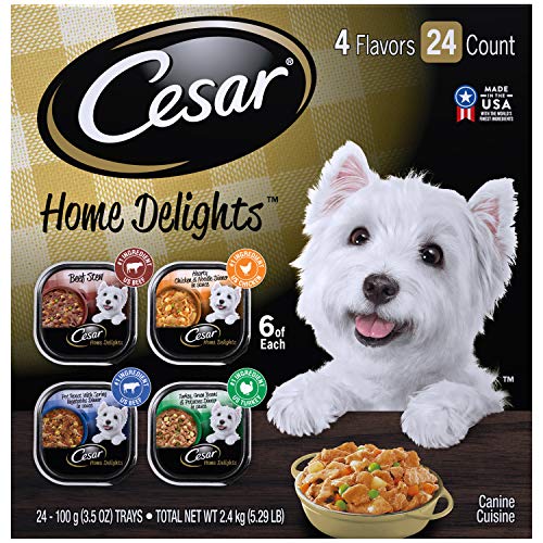 Product Cover CESAR HOME DELIGHTS Soft Wet Dog Food Pot Roast & Vegetable, Beef Stew, Turkey Potato & Green Bean, and Hearth Chicken & Noodle Variety Pack, (24) 3.5 oz. Easy Peel Trays