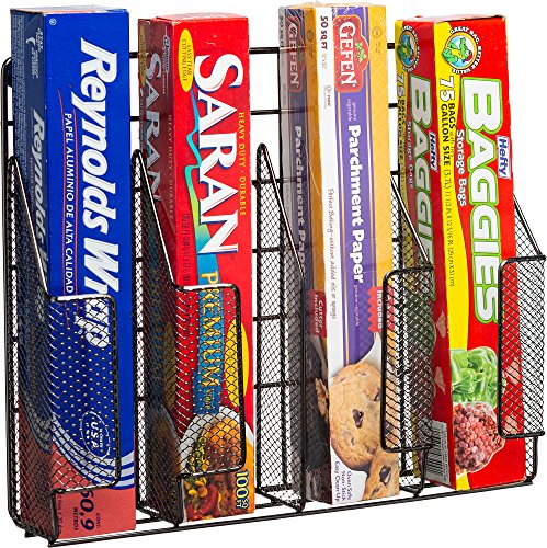 Product Cover Home Basics Stainless Steel Rust Resistant Wrap Organizer, Perfect for Food Storage Bags, Silver Foil, Wax Paper, Sandwich Bags, Plastic Wrap- Mounts to Cabinet Door or Wall. Onyx/Black Finish