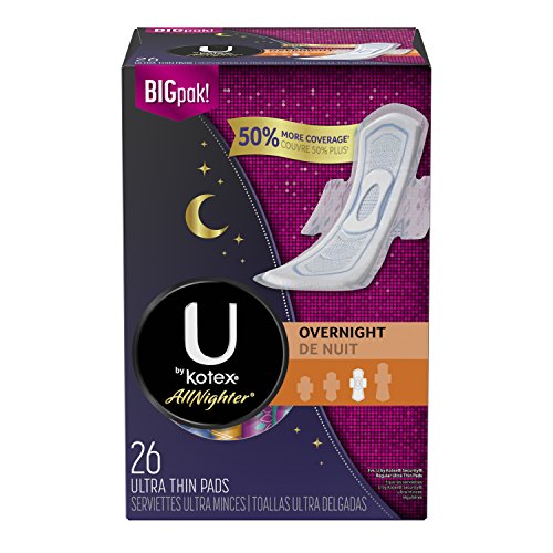 Product Cover U by Kotex AllNighter Ultra Thin Overnight Pads with Wings, Unscented, 26 Count