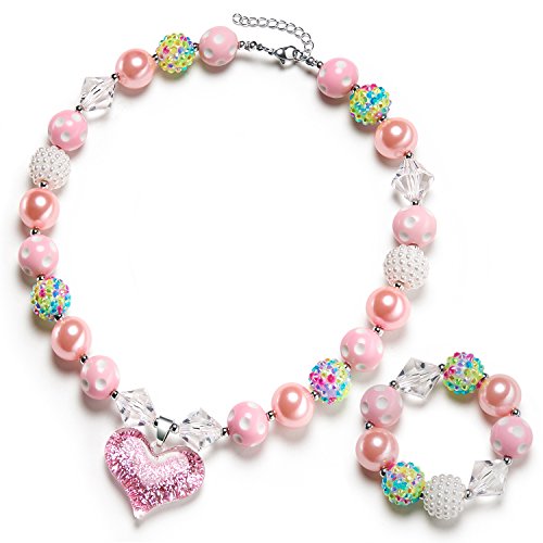 Product Cover vcmart Girls Gilitter Heart Chunky Bubblegum Bead Necklace & Bracelet Set Fashion Jewelry Pendant with Gift Box