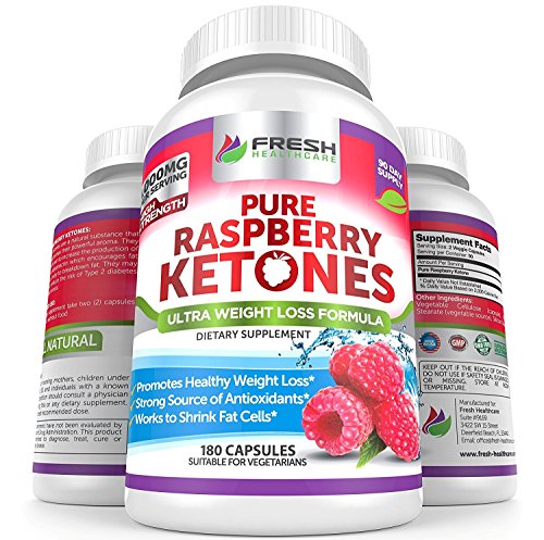 Product Cover Pure 100% Raspberry Ketones Max 1000mg Capsules by Fresh Healthcare, 180 High Strength Weight Loss, Detox, Fat Burner Supplement Pills, Shrink Fat Cells and Increase Protein Adiponectin, Bonus E-Book
