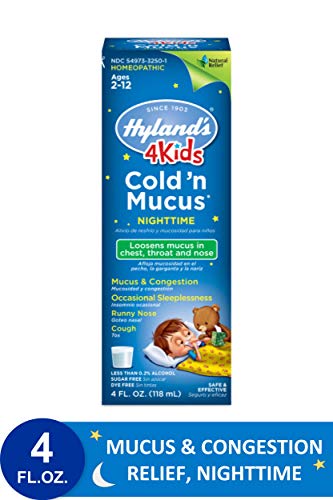 Product Cover Kids Cold and Mucus Liquid, Night Time Congestion Relief for Children, by Hyland's 4Kids, 4 Ounce (Packaging May Vary)