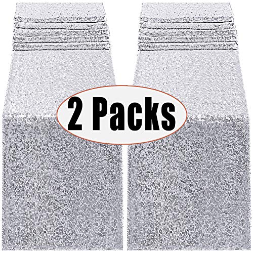 Product Cover FECEDY 2pcs 12 x 108inch Glitter Silver Sequin Table Runner for Birthday Wedding Engagement Bridal Shower Baby Shower Bachelorette Holiday Celebration Party Decorations (Silver)