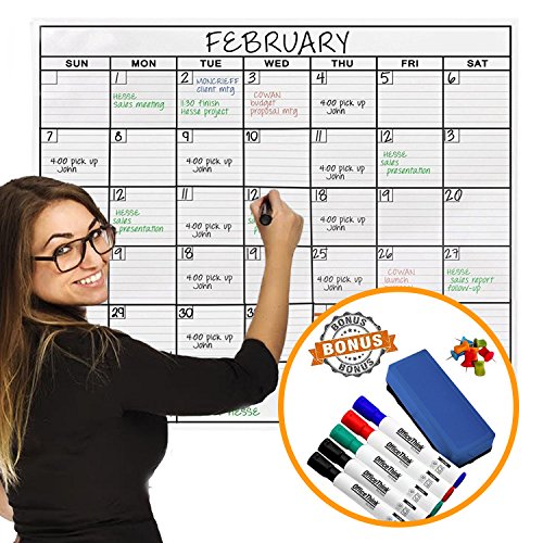 Product Cover Jumbo Dry Erase Laminated Wall Calendar, Huge 36-Inch by 48-Inch Size, Monthly Planner for Home Office Classroom, Large Date Boxes, Reusable PET Film, Never Folded, Bonus 5 Markers, 8 Tacks, 1 Eraser