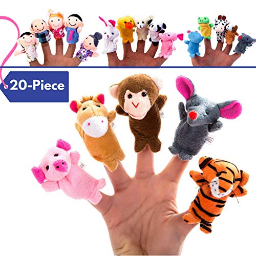 Product Cover BETTERLINE 20-Piece Story Time Finger Puppets Set - Cloth Velvet Puppets - 14 Animals and 6 People Family Members