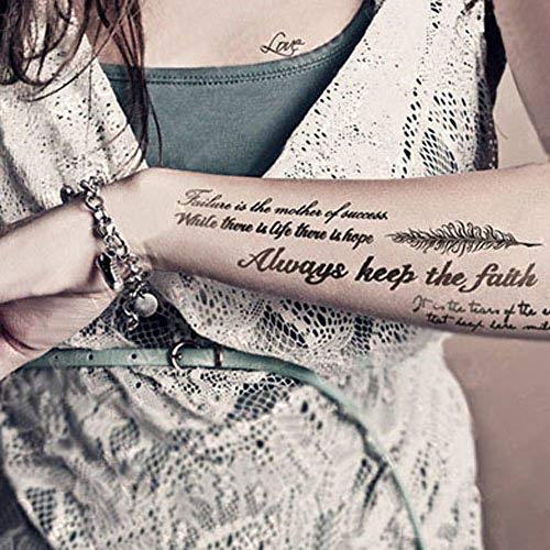 Product Cover Kotbs Temporary Tattoos Paper Lovely English Words & Feather Designs Body Art Make up for Women Fake Tattoo Sticker (2 Sheet Pack)