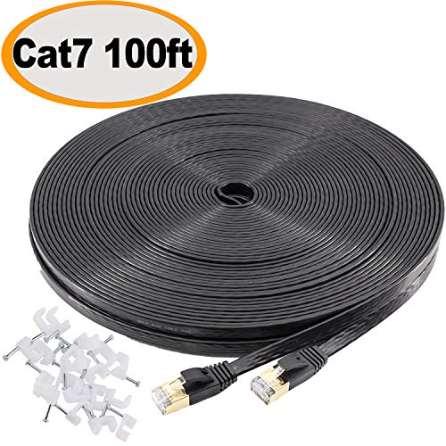 Product Cover Jadaol Cat 7 Ethernet Cable 100 ft SSTP Shielded Flat, Durable High Speed Internet LAN Computer Patch Cord, Faster Than Cat5e/cat6, Solid Rj45 Cat7 Network Wire for Router, Modem, Xbox, PS, TV- Black