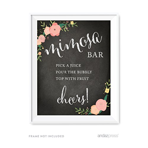 Product Cover Andaz Press Wedding Party Signs, Chalkboard Pink Coral Floral Roses Print, 8.5x11-inch, Build Your Own Mimosa Sign Pick a Juice, Pour The Champagne Cheers! Dessert Table Sign, 1-Pack
