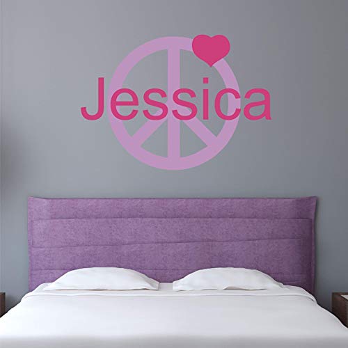 Product Cover Custom Name Peace Sign Wall Decal - Girls Personalized Name Peace Heart Wall Sticker - Custom Name Sign - Custom Name Stencil Monogram - Girls Room Wall Decor