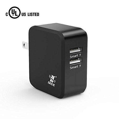 Product Cover iXCC UL Certified 2 Port Wall Charger, 24W/4.8A Optimal Dual USB Charging Port Universal Charger Adapter for iPhone 7 / 6s Plus, iPad Air Mini 3, Galaxy S Note Series, LG, Nexus, HTC and More - Black