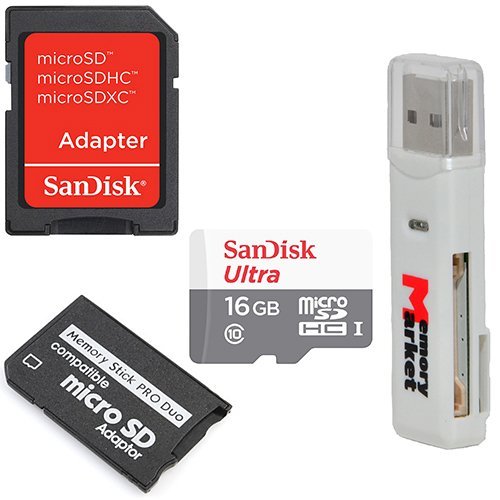 Product Cover Sandisk Ultra 16GB Class 10 UHS-1 MicroSD MicroSDHC Card with MicroSDHC to Memory Stick MS Pro Duo Adapter for Sony PSP and Cybershot Cameras with MemoryMarket MicroSD & SD Memory Card Reader