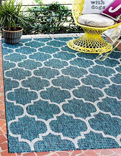 Product Cover Unique Loom Outdoor Trellis Collection Casual Moroccan Lattice Transitional Indoor and Outdoor Flatweave Teal  Area Rug (6' 0 x 9' 0)