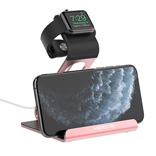 Product Cover Apple Watch Stand, Mercase Aluminum NightStand iWatch &iPhone Universal Desktop Stand Holder Charging Station for iWatch Series 5/4/3/2/1,iPhone 11/11Pro/11Max/Xs/X Max/XR/X/8/8Plus/7/7Plus -Rose Gold