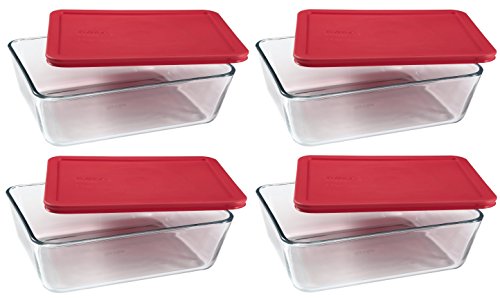 Product Cover PYREX Containers Simply Store 6-cup Rectangular Glass Food Storage Red Plastic Covers ... (Pack of 4 Containers)