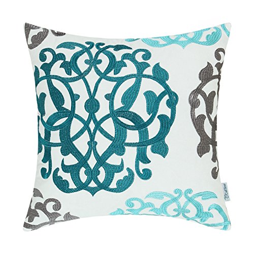 Product Cover CaliTime Cotton Throw Pillow Case Cover for Bed Couch Sofa Vintage Compass Geometric Floral Embroidered 18 X 18 Inches Teal Duckegg Gray