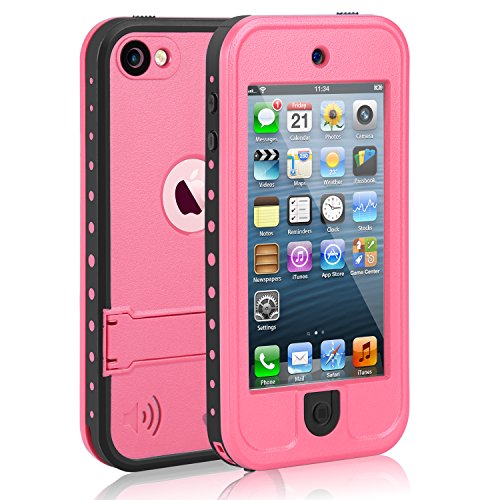 Product Cover Waterproof Case for iPod 5 iPod 6 iPod 7, Meritcase Waterproof Shockproof Dirtproof Snowproof Case Cover with Kickstand for Apple iPod Touch 5th/6th/7th Generation for Snorkeling Swimming Diving(Pink)