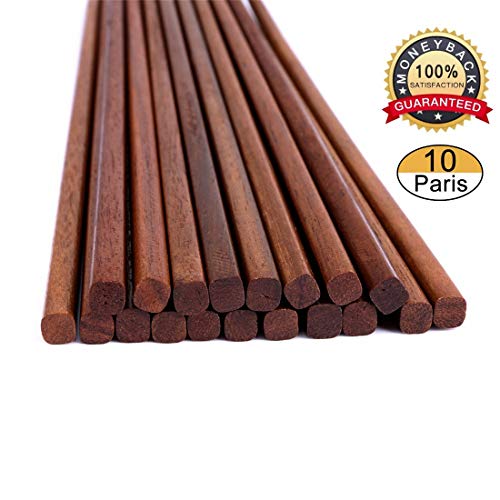 Product Cover Chopsticks Reusable Chinese Wooden Chopsticks Dishwasher Safe Chopstick,Pack of 10 Natural Health for Cooking Eating,Korean & Japaness Style,9.8 inch Long,Brown
