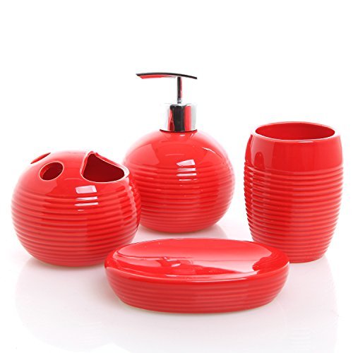 Product Cover 4 Piece Red Ceramic Full Bathroom Accessory Set - Toothbrush Holder, Tumbler, Soap Dish, Pump Dispenser by MyGift