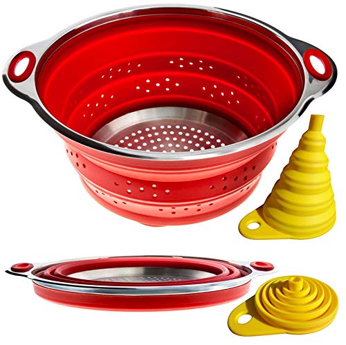 Product Cover Combo of Collapsible Colander + Folding Funnel - Each Folds to 1 Inch. Volume 3 qarts or 2 qt (Semi-Collapsed). Silicone + Stainless Steel Kitchen Gadget. RV Accessories for Organization and Storage