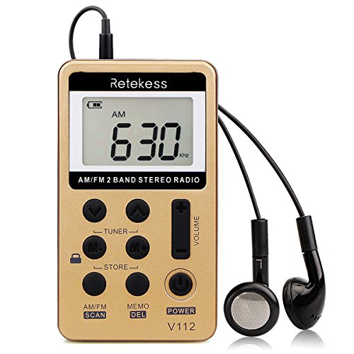 Product Cover Retekess V112 AM FM Radio Portable Mini Radio with Earphone Pocket Digital Tuning Rechargeable Battery LCD Display for Walking Jogging(Gold)