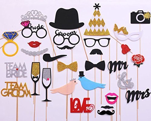 Product Cover 31-pieces Photo Booth Props For Wedding Party, Bridal Shower Photo Booth Props for Wedding Shower Party Supplies (Glued/No DIY Required)